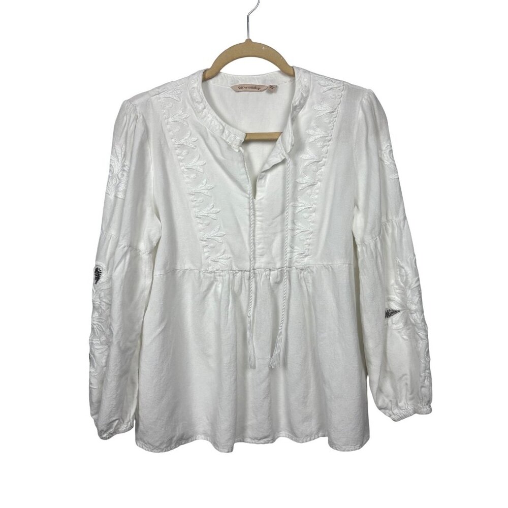 Soft Surroundings L Embroidered Peasant Blouse White Long Sleeve Boho Artsy